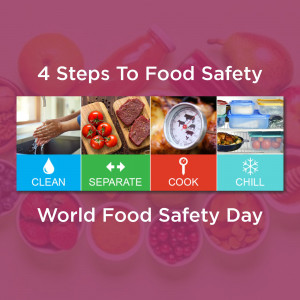 Infographic illustrating the four steps to food safety: Clean, Separate, Cook, and Chill.