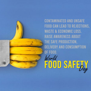Hand giving a thumbs up to a bunch of bananas with text about food safety