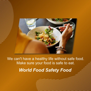 A person eating a healthy salad with text promoting food safety.
