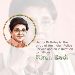 Portrait of Kiran Bedi with Indian flag colors and birthday message