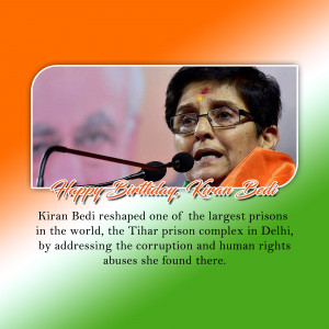 Image of Kiran Bedi with a birthday message and text about her work at Tihar Prison.