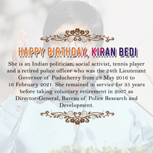 Image celebrating the birthday of Kiran Bedi, former Lieutenant Governor of Puducherry