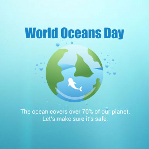 Illustration of the Earth as a globe partially submerged in water with a whale, celebrating World Oceans Day.