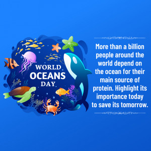 Illustration depicting marine life with text celebrating World Oceans Day.
