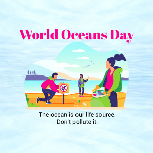 Illustration of people cleaning up a beach for World Oceans Day