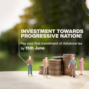 Miniature figures standing near stacks of coins with text promoting advance tax payment.