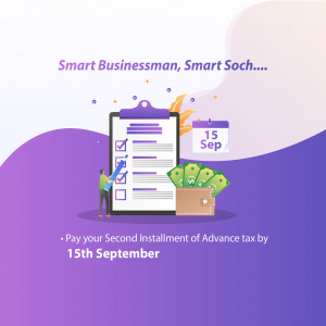 Illustration of a businessman with a checklist and money, reminding about advance tax payment.
