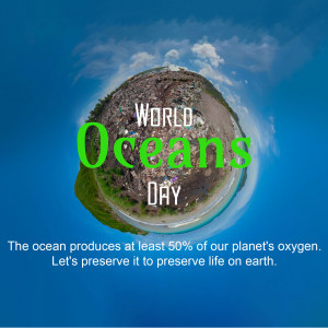 A small Earth globe with the words 'World Oceans Day' superimposed, emphasizing ocean conservation.