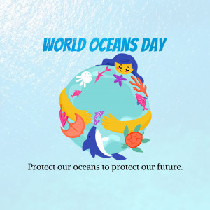 Illustration of a woman embracing a globe filled with marine life for World Oceans Day.