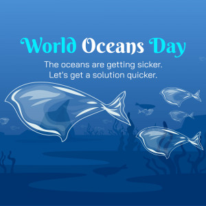 Illustration of fish shaped like plastic bags swimming in the ocean, representing plastic pollution on World Oceans Day.