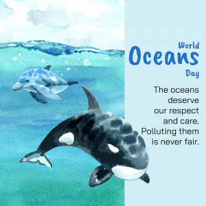 Watercolor illustration of dolphins and a whale with text 'World Oceans Day'