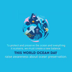 Illustration of marine life surrounding a globe with text promoting World Ocean Day.
