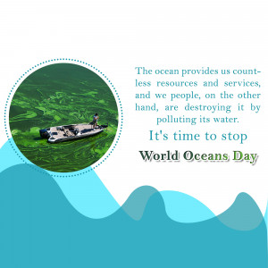 A boat on polluted water with text about World Oceans Day and the need to stop polluting.