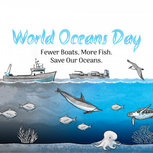 Illustration for World Oceans Day with boats, fish, dolphins, and a turtle.
