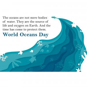 Illustration for World Oceans Day with a wave and marine life.
