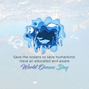 Paper cut style illustration of marine life with text 'World Oceans Day'