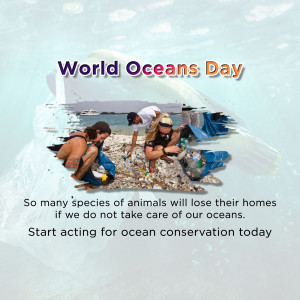 Volunteers cleaning up plastic waste on a beach for World Oceans Day