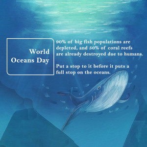 Illustration depicting a whale and coral reef with text about ocean depletion.