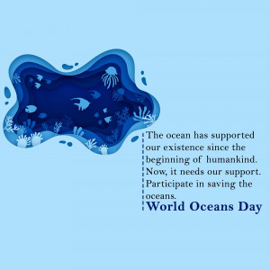 Paper cut style illustration of an ocean scene with marine life and text promoting World Oceans Day.