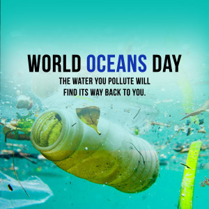 Plastic bottle floating in polluted ocean water with text 'World Oceans Day'