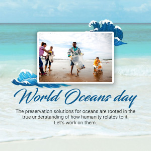 People cleaning up trash on a beach for World Oceans Day
