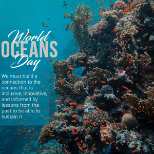 Underwater coral reef with colorful fish and text 'World Oceans Day'