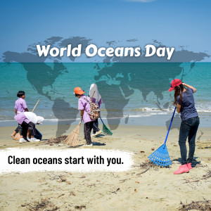 People cleaning a beach for World Oceans Day