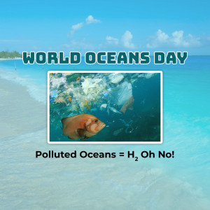 Image depicting ocean pollution with a fish swimming amidst plastic waste, promoting World Oceans Day.