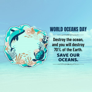 World Oceans Day graphic with marine life and a call to action to save the oceans.