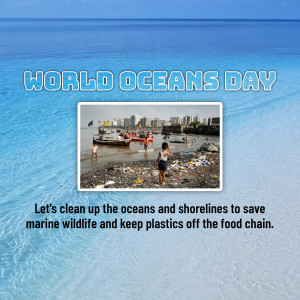World Oceans Day poster with a polluted beach scene and call to action.