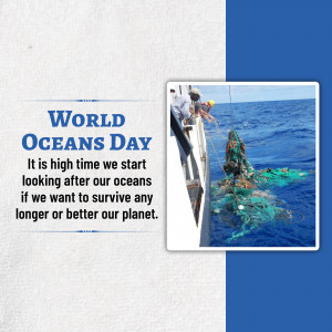 Image depicting a person removing plastic waste from the ocean on World Oceans Day.