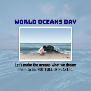 A child interacting with a wave on a beach with text promoting World Oceans Day and plastic pollution awareness.