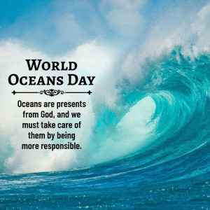 Image celebrating World Oceans Day with a wave and text.