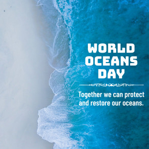 Aerial view of ocean waves with text 'World Oceans Day' and a call to action.