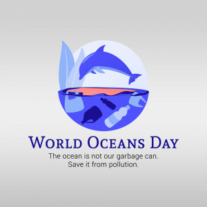 Illustration depicting ocean pollution with a dolphin jumping through a plastic-filled ocean.