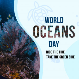 World Oceans Day graphic with coral reef and turtle illustration