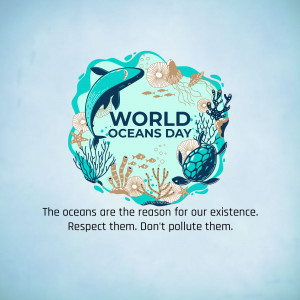 Illustration for World Oceans Day featuring marine life and a call to protect the oceans.