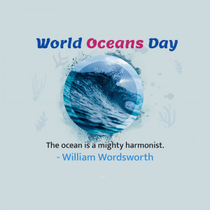 World Oceans Day graphic with a wave inside a bubble and a quote by William Wordsworth.