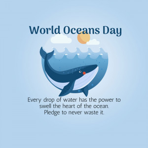 Illustration of a whale swimming in waves with text celebrating World Oceans Day.