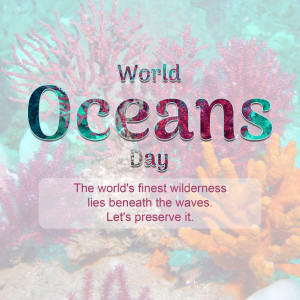 Image promoting World Oceans Day with coral and text.