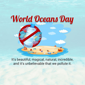 Illustration depicting plastic pollution in the ocean with a 'no' symbol over a plastic bottle.