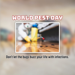 Image promoting World Pest Day with a pest control worker and bugs.