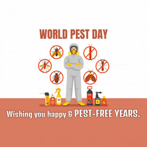 Illustration for World Pest Day featuring a pest control worker and various insects.