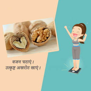 Image of walnuts and a woman celebrating on a weighing scale