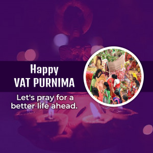 Vat Purnima festival greeting with a Buddha statue and women performing rituals.