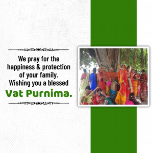 Image depicting women celebrating Vat Purnima under a banyan tree with a festive greeting.