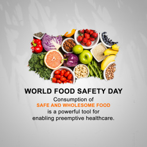 A colorful arrangement of fruits, vegetables, nuts, and seeds shaped like a brain, with text promoting World Food Safety Day.