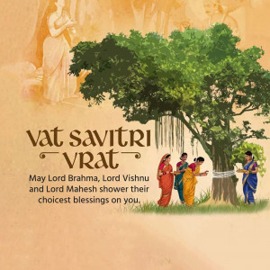 Illustration depicting women performing Vat Savitri Vrat under a banyan tree with divine figures in the background.