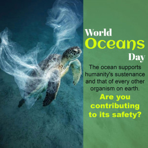 Sea turtle swimming amidst plastic pollution with World Oceans Day text overlay.