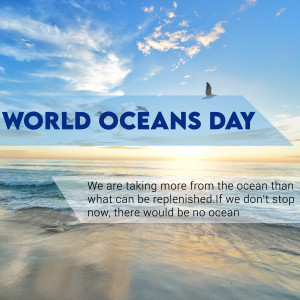 Image promoting World Oceans Day with a whale silhouette and ocean scenery.